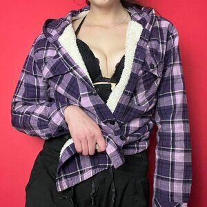 Purple and black fluffy plaid hooded sweater /  jacket​​​​​​​​​​​​​​​